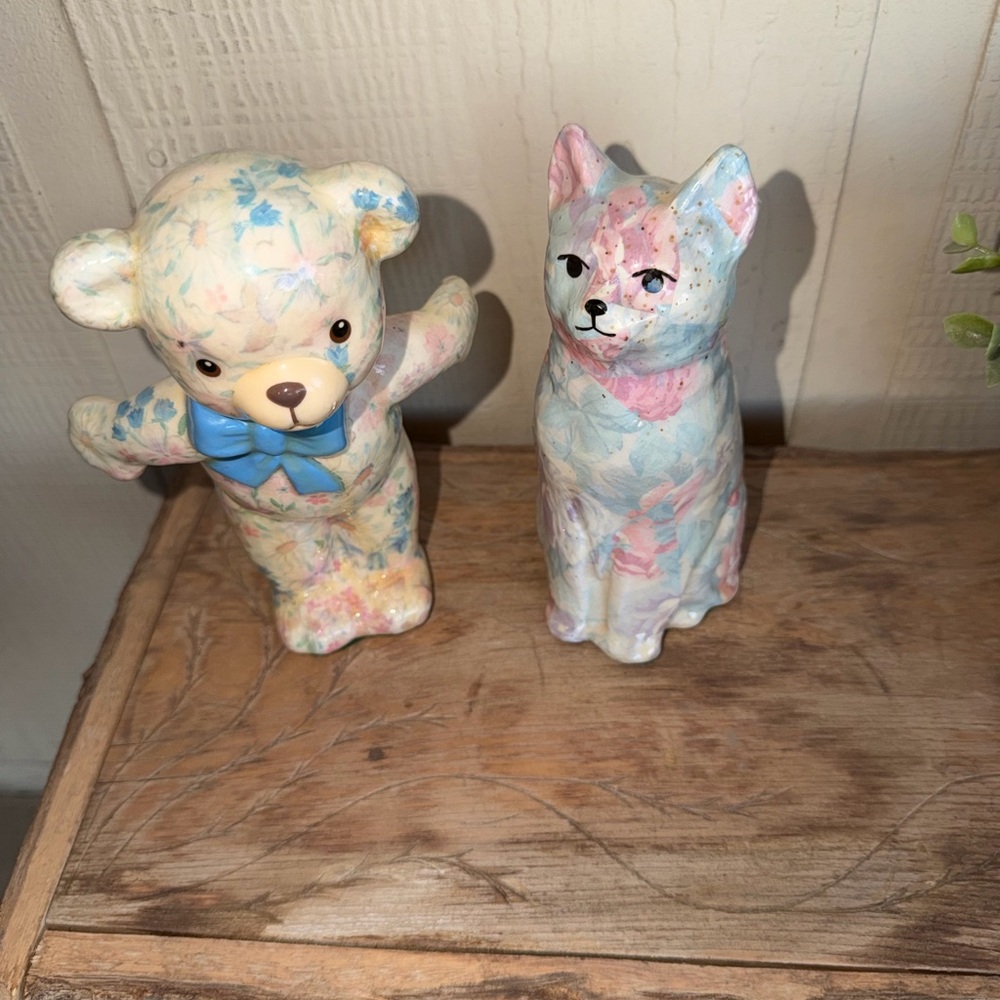 Park Rose Floral Ceramic Bear and Cat Figurines. England